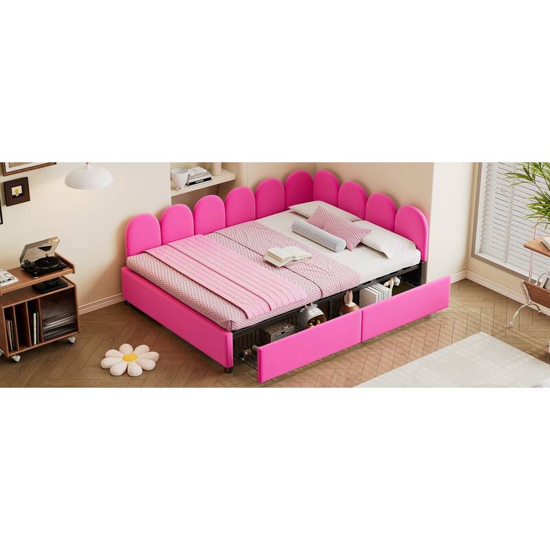 Full Size Velvet Upholstered Daybed with Two Drawers and Soft Headboard