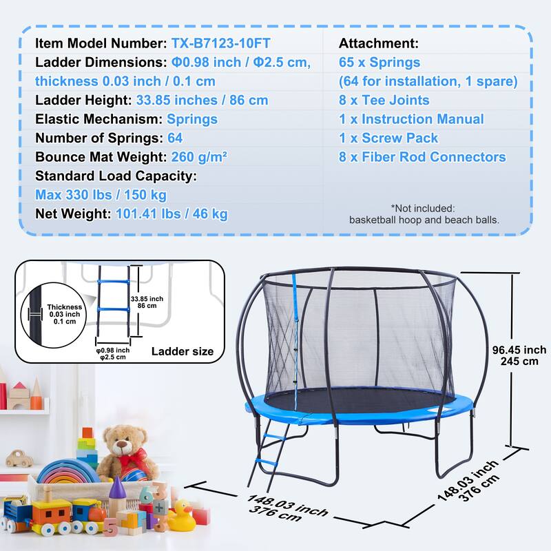Trampoline, Trampoline with Enclosure Net, Ladder, and Curved Pole, Heavy Duty Trampoline with Jumping Mat