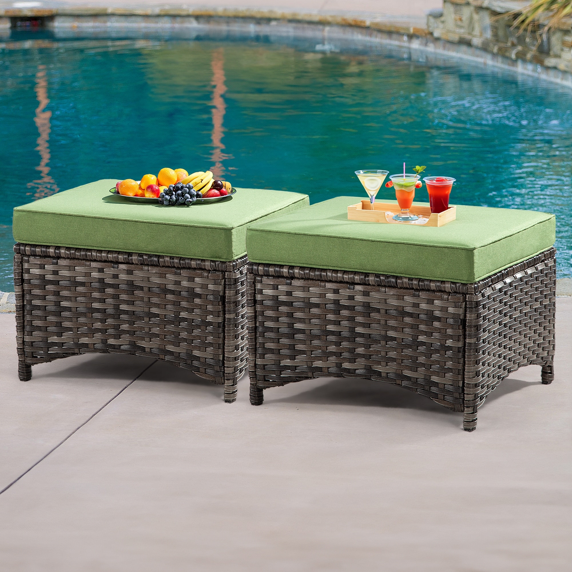 Cozywor 2 Piece Wicker Outdoor Patio Ottoman Set with Cushions Blue