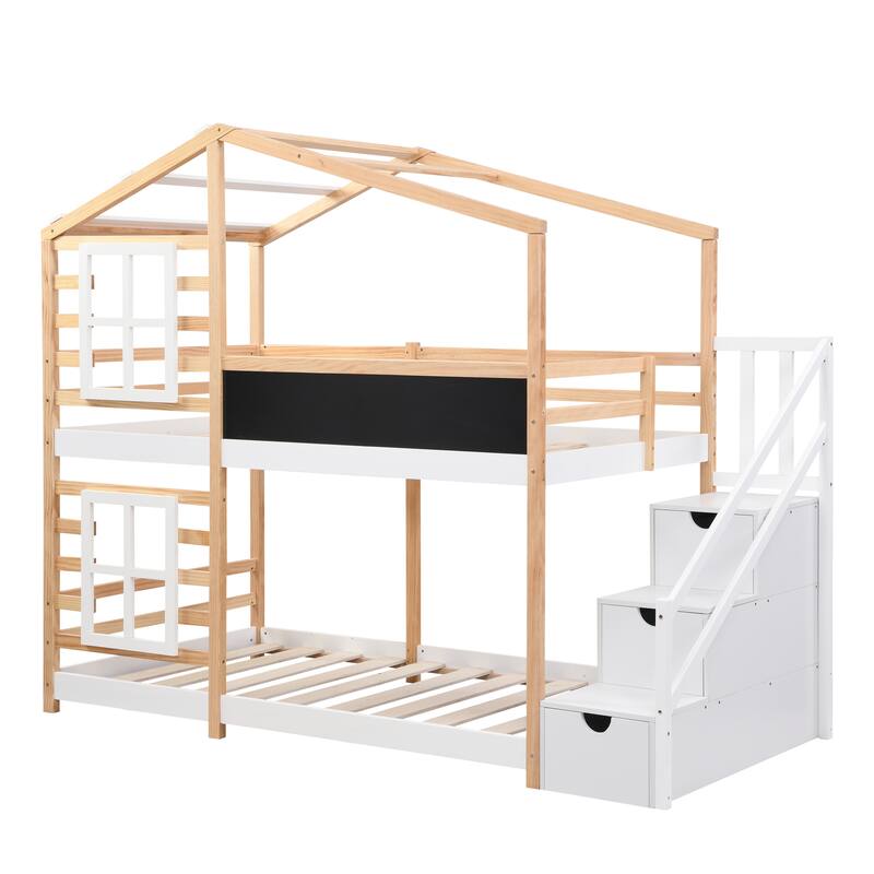 Twin over Twin Bunk Bed House Bed With Roof Windows Blackboard And Storage Ladder Platform Bed, bed Frame