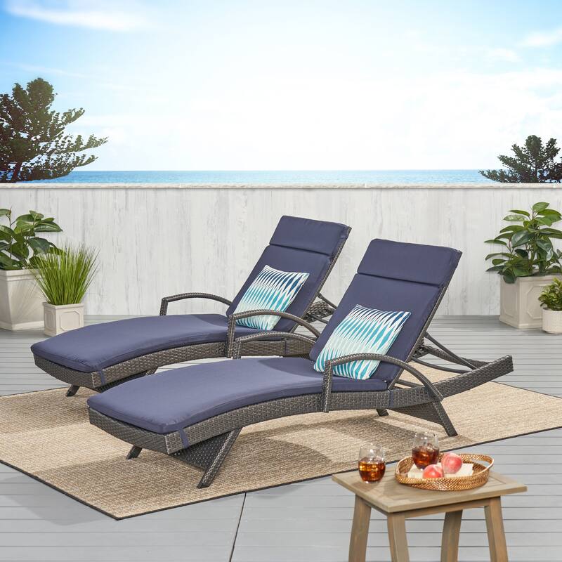 Vilano Outdoor Cushioned Lounge Chair (Set of 2) by Christopher Knight Home - Grey/Navy Blue
