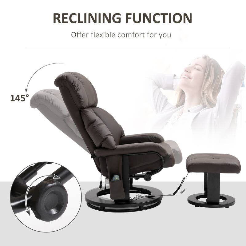 PU Leather Reclining Massage Chair with Ottoman, 360° Swivel Base, and Remote-Controlled Vibration