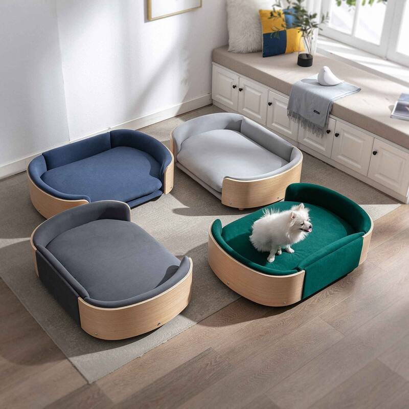 Dog Bed Pet Sofa With Solid Wood legs and Bent Wood Back, Velvet Cushion, Large Size
