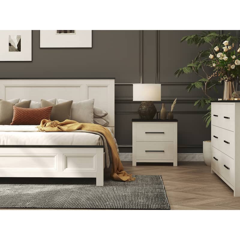 Roundhill Furniture Realynn 6-Piece Wood Bedroom Set, Panel Bed with Dresser, Mirror, Chest, and 2 Nightstands, Off-White Finish