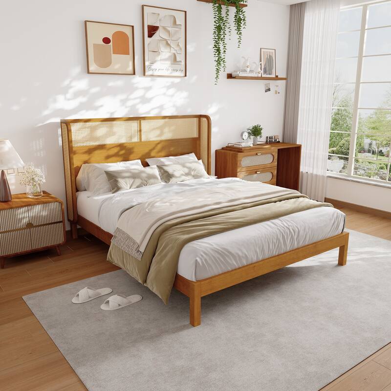 Natural Rubber Wood Bed Low-Profile Platform Wingback Bed Frame with Wood Slat Support Center Support Legs for Bedroom Apartment - Natural - Queen