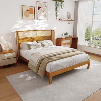 Natural Rubber Wood Bed Low-Profile Platform Wingback Bed Frame with Wood Slat Support Center Support Legs for Bedroom Apartment