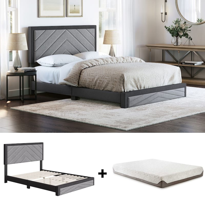 Modern Platform Bed and Mattress Bundle - Bed Frame with 8 in. Memory Foam Mattress Included by Boyd Sleep - Charcoal - Queen