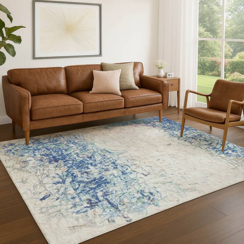 Machine Washable Indoor/ Outdoor Abstract Scribble Chantille Rug