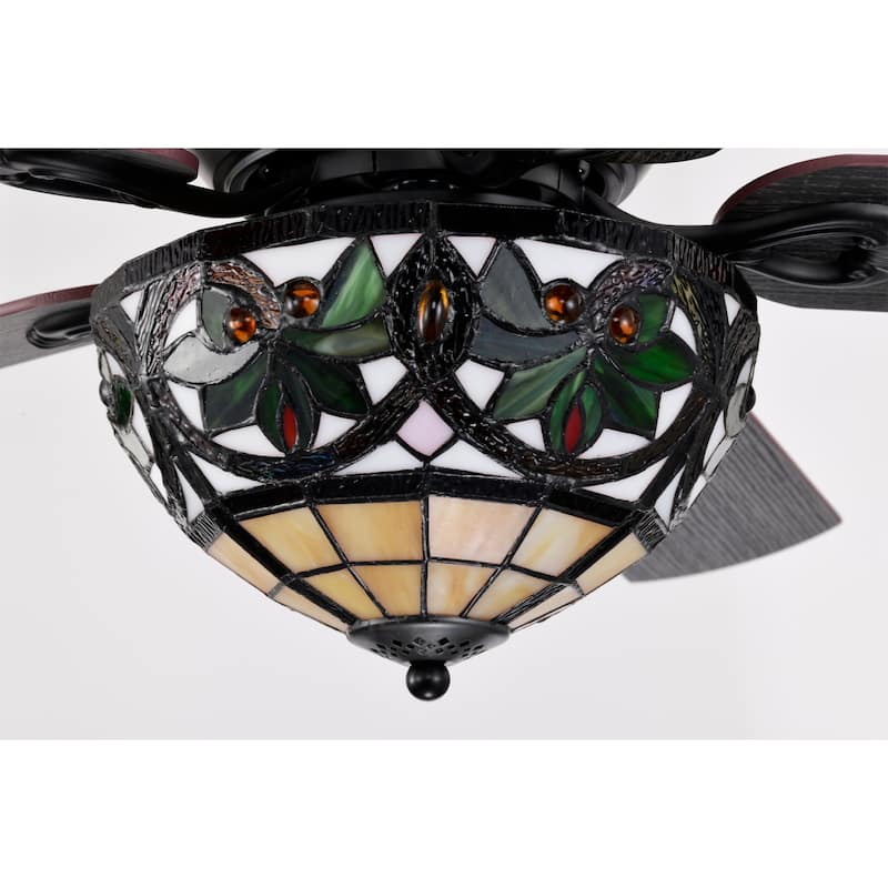 Peacoo 52-Inch Flushmount Lighted Ceiling Fan Ivory Leaf Berry Tiffany Glass Lamp Black Finish