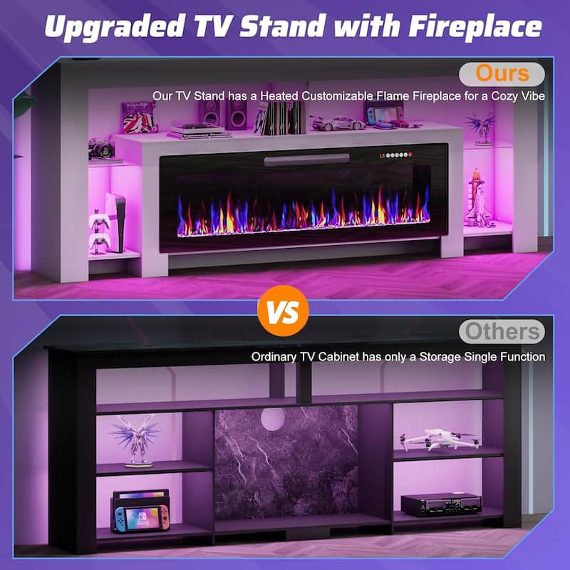 BOSSIN 82" Fireplace TV Stand with 50" Fireplace, Entertainment Center for TVs Up to 90", Console Cabinet With LED Light