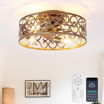 18-inch Rustic Gold Metal Caged Flush Low Profile Celing Fan with Remote and APP Control
