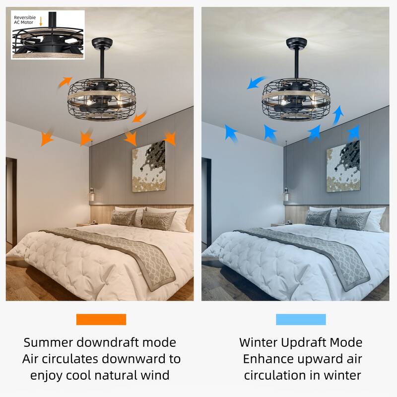 Cusp Barn 18-Inch Industrial Metal Caged Ceiling Fan with Light, Farmhouse Reversible 3-Speed Ceiling Fan Light with Remote