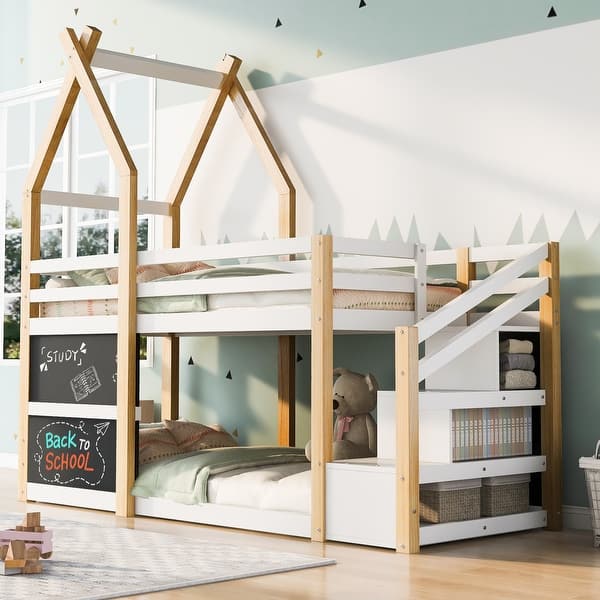 slide 2 of 36, Twin House Bunk Bed with Stairs & Blackboards - Playful Design for Kids