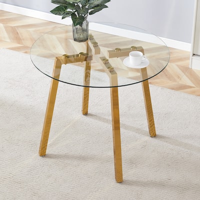 Roomfitters Round Glass Dining Table with Gold 7-Shaped Metal Legs for Kitchen Living Room or Office, Gold