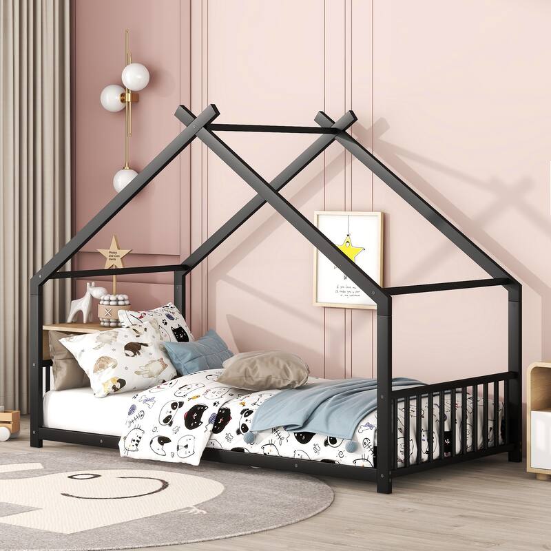 Twin Size Metal House Bed for Home Office - Black