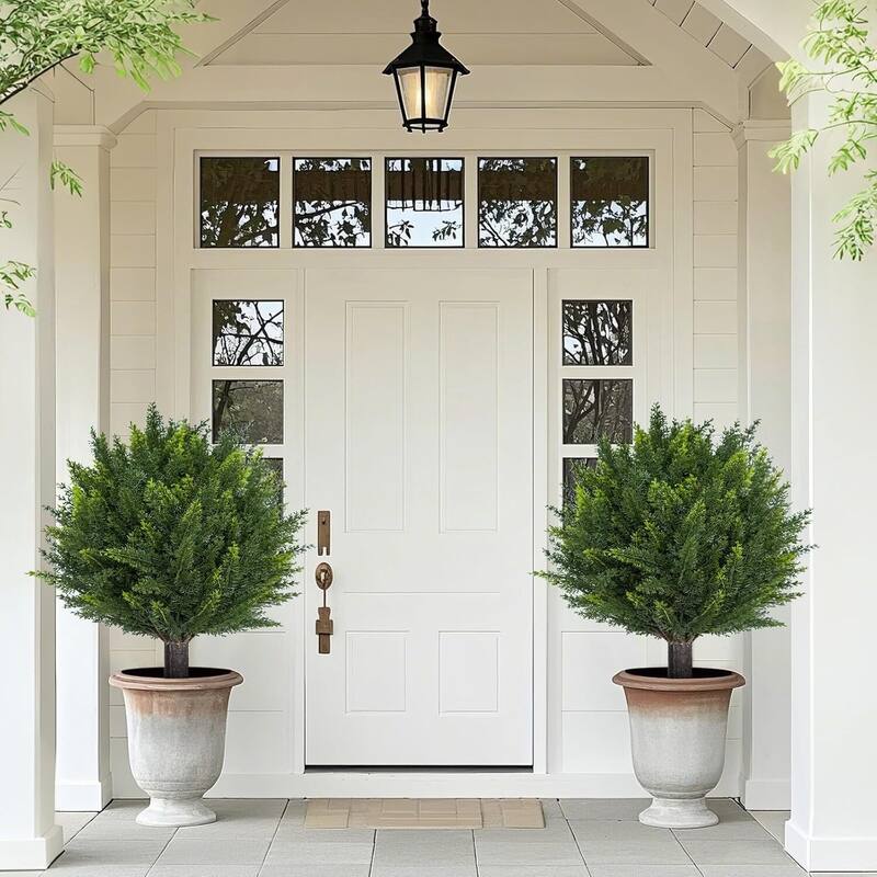 Set of 2 24" H UV Resistant Artificial Cedar Topiary Ball Trees for Home Decor - 24.4 inch