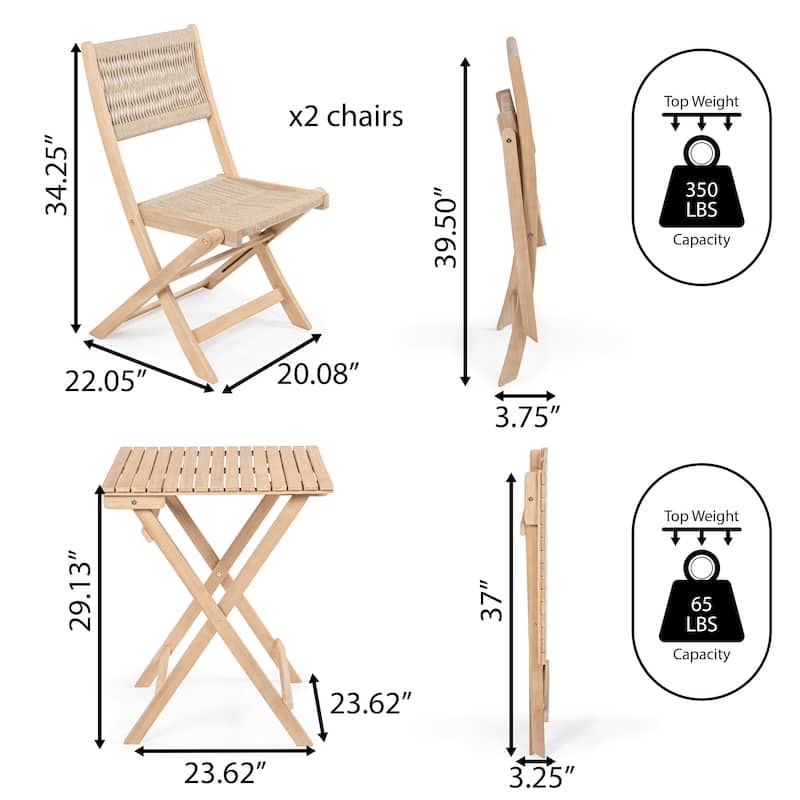 Cadiz Modern Coastal 3-Piece Acacia Wood Outdoor Folding Bistro Set, by JONATHAN Y
