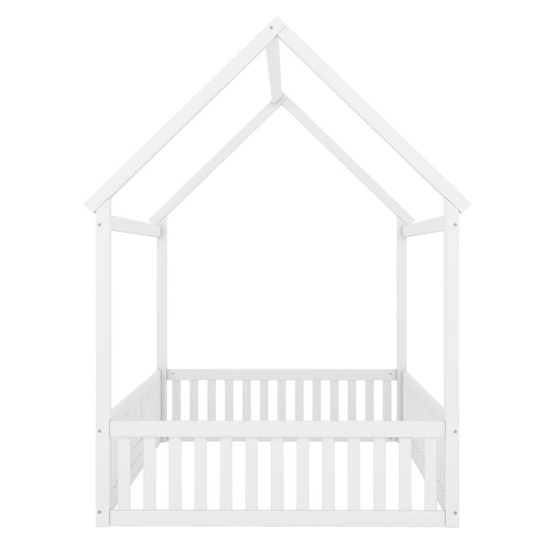 Full Size White Wood House Bed with Fence and Door for Kids