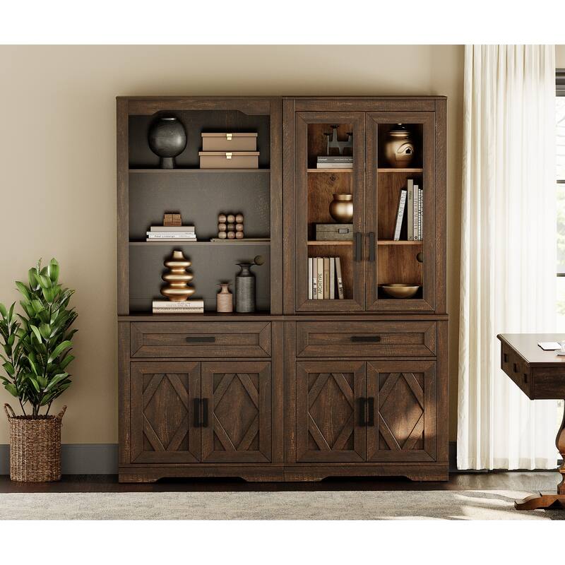 5 Tier Bookcase with Barn Door,73.3" Tall Open Storage Bookshelf - Espresso Brown
