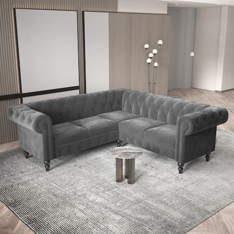Deep Button Tufted Velvet Upholstered Rolled Arm Classic Chesterfield L Shaped Sectional Sofa