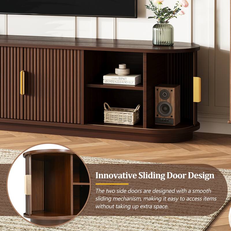 66.9'' Farmhouse TV Stand for 75'' TV, Wooden Media Console with Sliding Tambour Doors & Adjustable Shelves