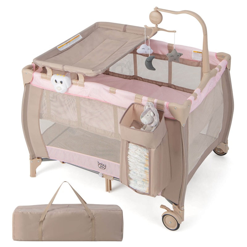 Costway Portable Baby Playard Nursery Center Crib with Hanging Toys & - See Details - Pink