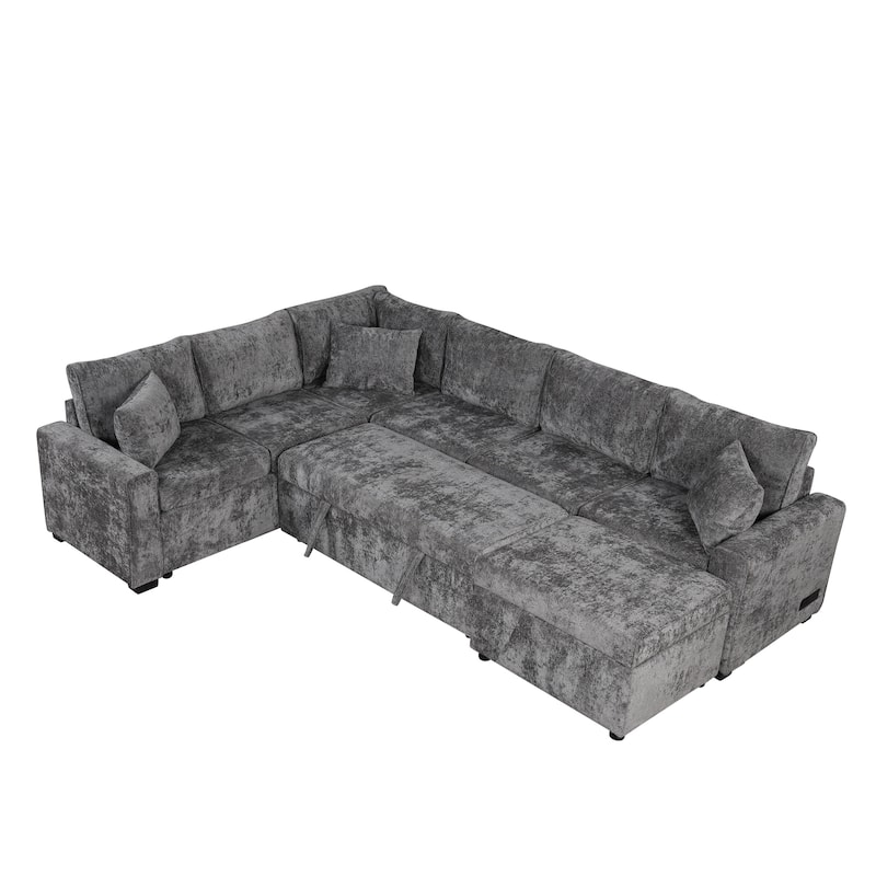 112.2" Sectional Sofa Pull-out Sofa Bed Sleeper with a Storage Ottoman,Three Pillows and Charging Devices for Living Room, Cream