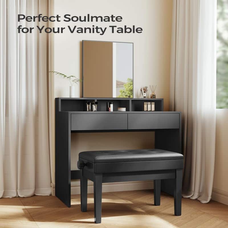Adjustable Height Black Faux Leather Piano Bench with Storage Compartment and Solid Wood Legs - 13.2"D x 21.6"W x 18.5"H-21.7"H