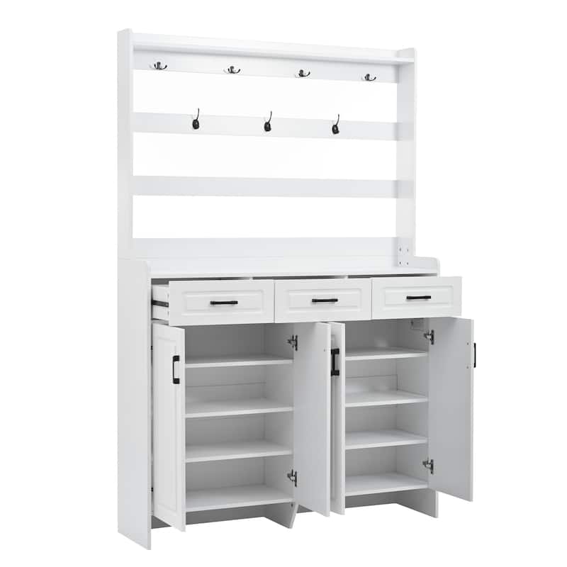 51.2" 4 Door Coat Rack with 3 Drawers,8 Shelves,Hooks and Handles