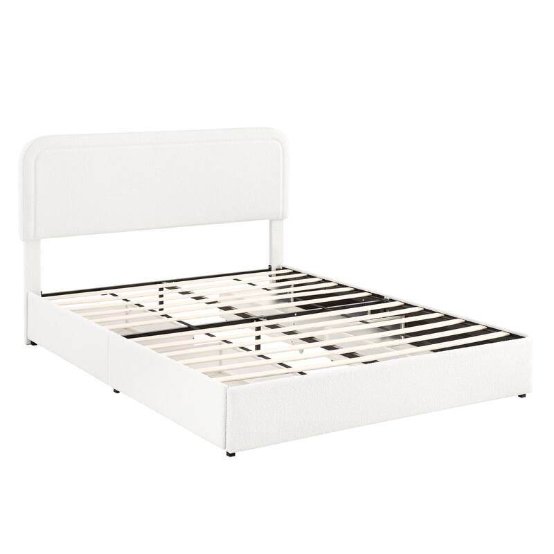 Queen Size Ivory Boucle Upholstered Platform Bed with 4 Storage Drawers, Adjustable Headboard, Wooden Slat Support