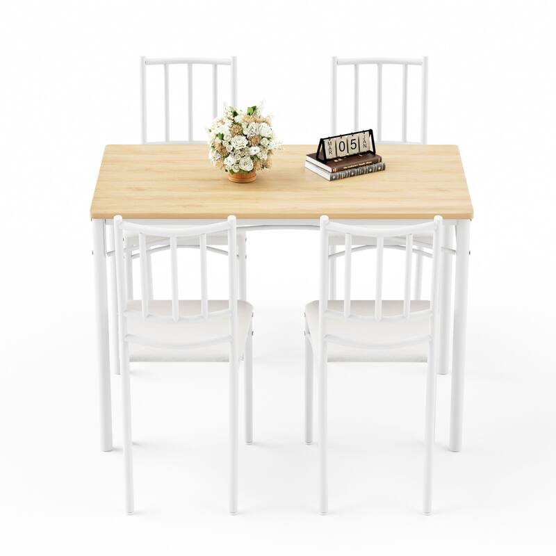 5-Piece Dining Set, 43.3" Rectangle Wood Table with 4 Steel Chairs