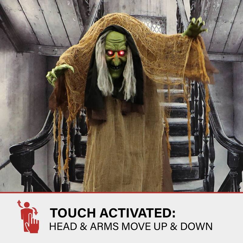 Haunted Hill Farm Animatronic Talking Hunchback Witch with Movement and Lights for Scary Halloween Decoration
