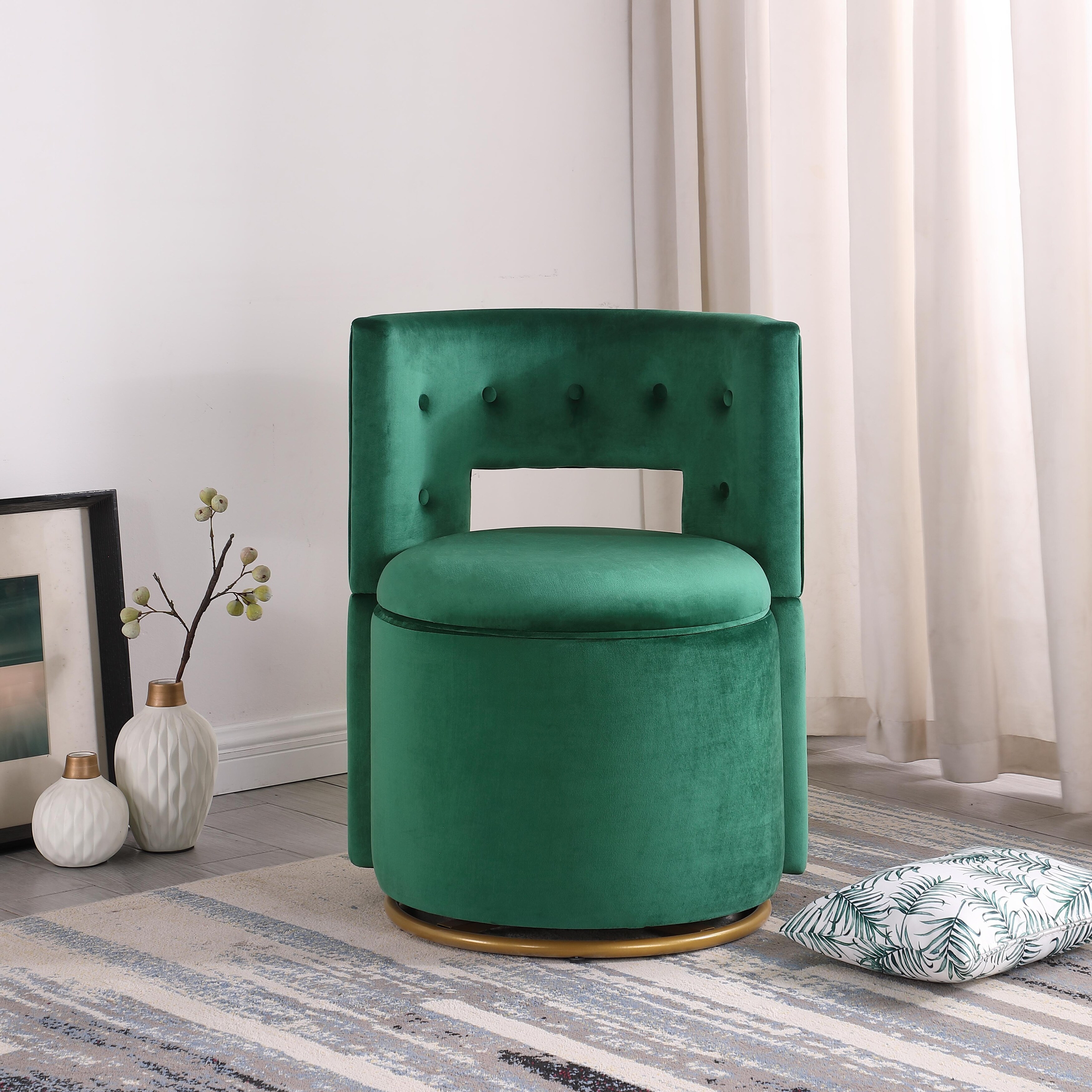 Velvet Curved Chair with Storage and Gold Metal Base Barrel Chair