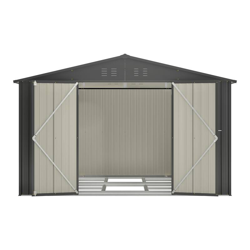 GDFStudio - Genevieve 10X8 FT Outdoor Metal Storage Shed with Lockable Doors for Garden and Backyard Organization - 10X8 FT