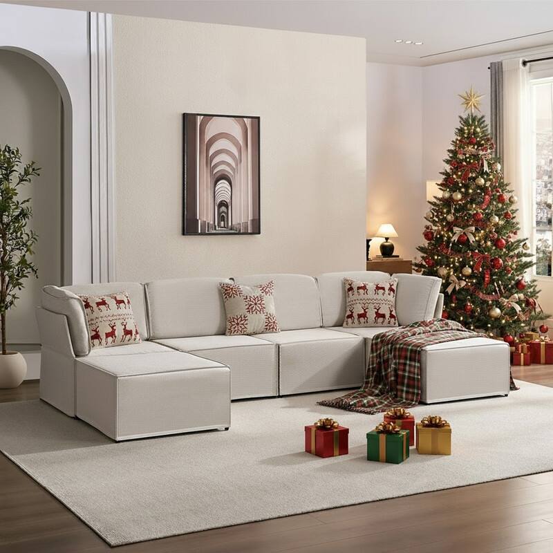 Mixoy Oversized Modular Sectional Sofa, U/L-Shaped Couch with Deep Seat, Ottoman, Convertible Modern Linen Sleeper Sofa Bed - Beige - Reversible