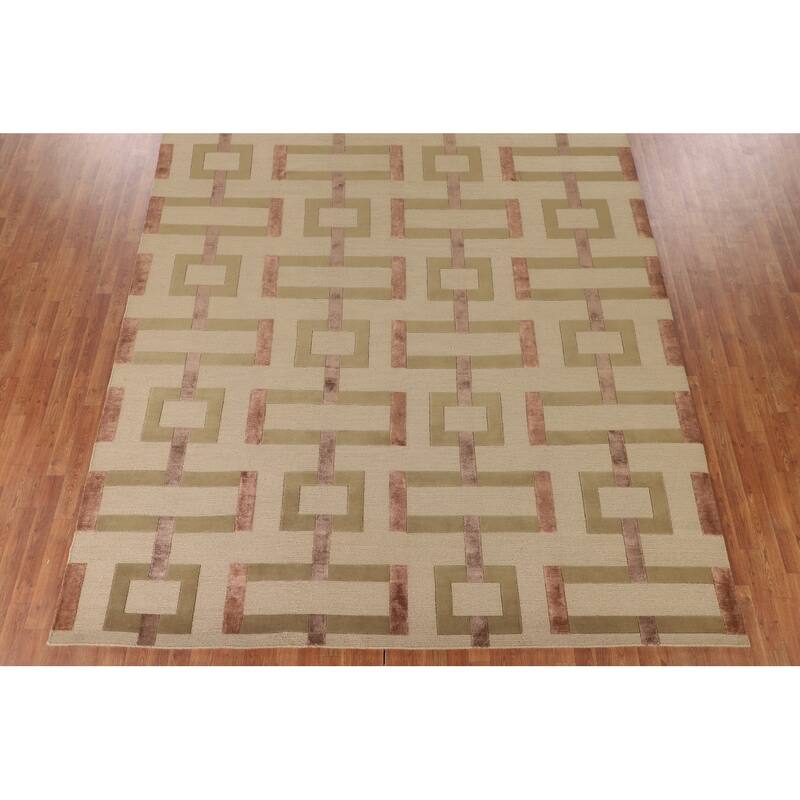 Geometric Beige Nepalese Oriental Area Rug Hand-Knotted Wool Carpet - 9'1" x 12'1"