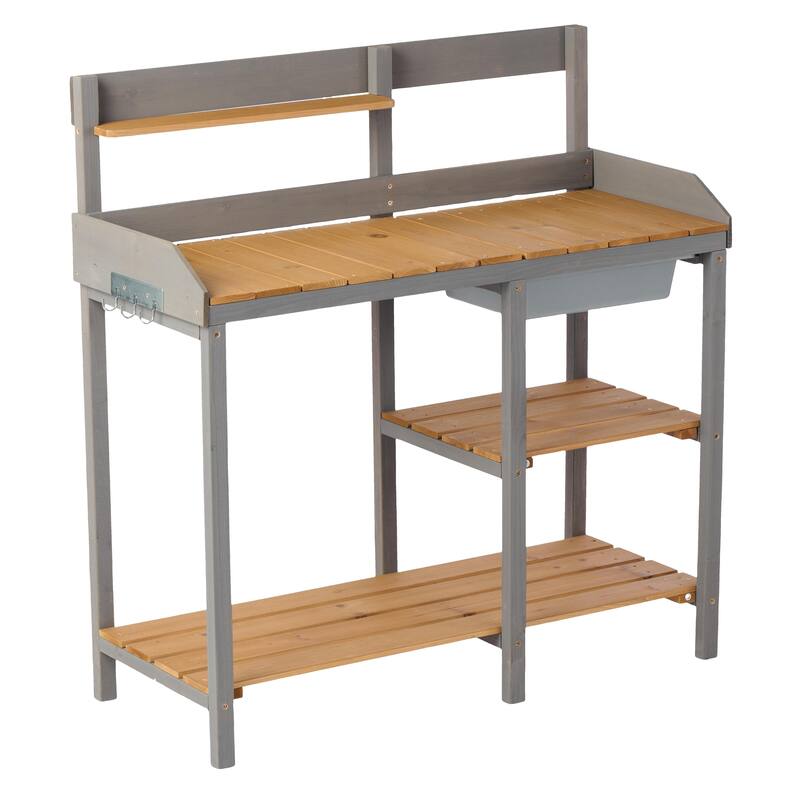 Small Potting Table with Open Storage Shelves Outdoor Potting Bench with Side Hooks Garden Wooden Workbench - Brown