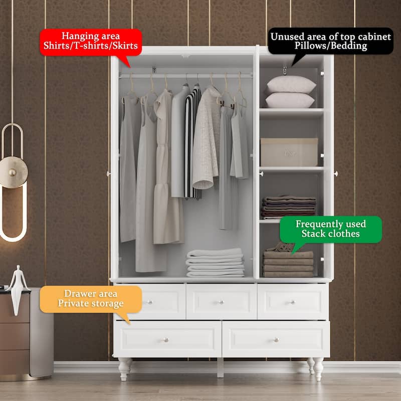 70.9"H Family Wardrobe/Armoire/Closet with Mirror Doors White Lacquer