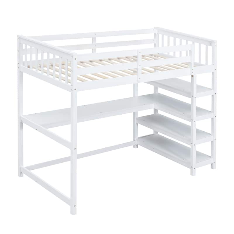 Pine Loft Bed with Storage Shelves