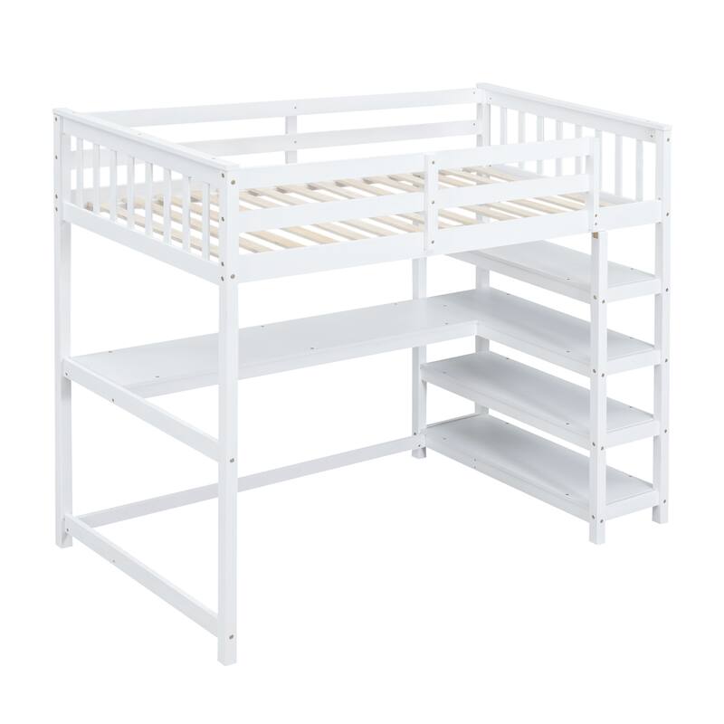 Twin Size Loft Bed with Storage Shelves and Under-bed Desk in White