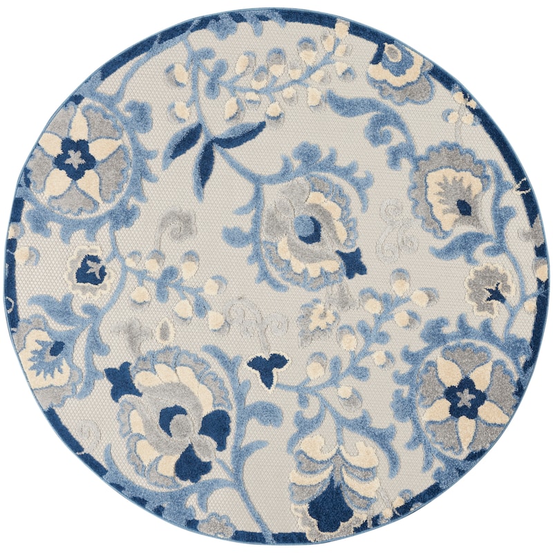 Nourison Alice Indoor/Outdoor Floral Area Rug - 4' x Round - Blue/Grey
