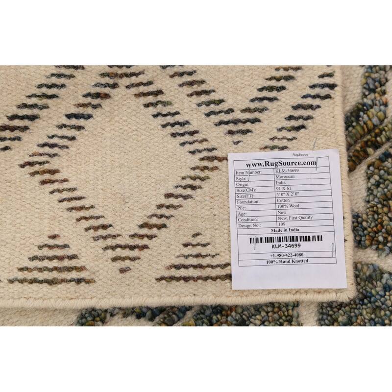 Geometric Moroccan Foyer Rug Handmade Beige Wool Carpet - 2'0"x 3'0"
