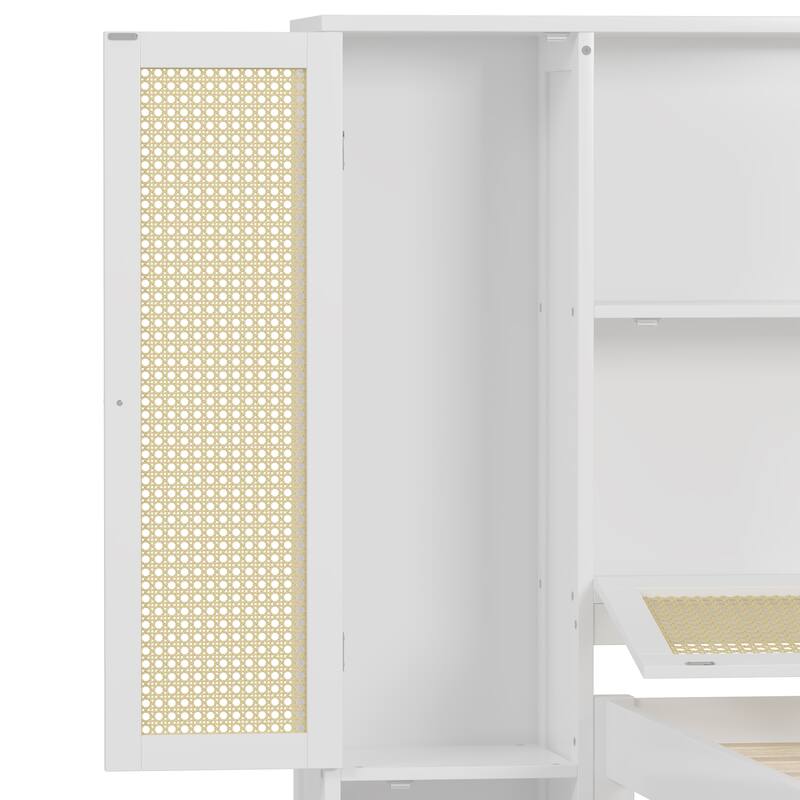 Twin Size Wooden Platform Bed with Storage Lockers, Drawer, and Headboard Shelf, Natural Rattan Design, White