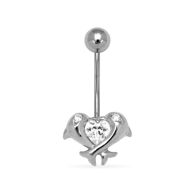 Curata 14k Yellow or White Gold 14-Gauge Cubic Zirconia Kissing Dolphins Belly Ring - White Gold