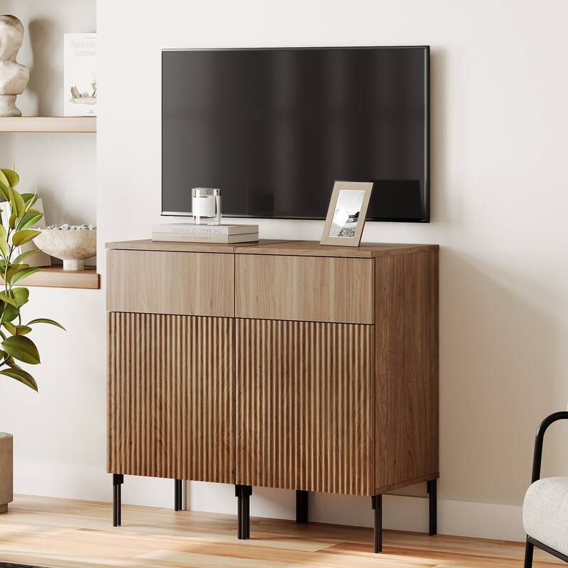 31.5" Modern Reeded TV Stand With Charging Station, Entertainment Center With Adjustable Shelves