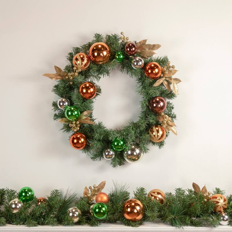 Green Foliage with Ornaments Artificial Christmas Wreath 24 Inch Unlit