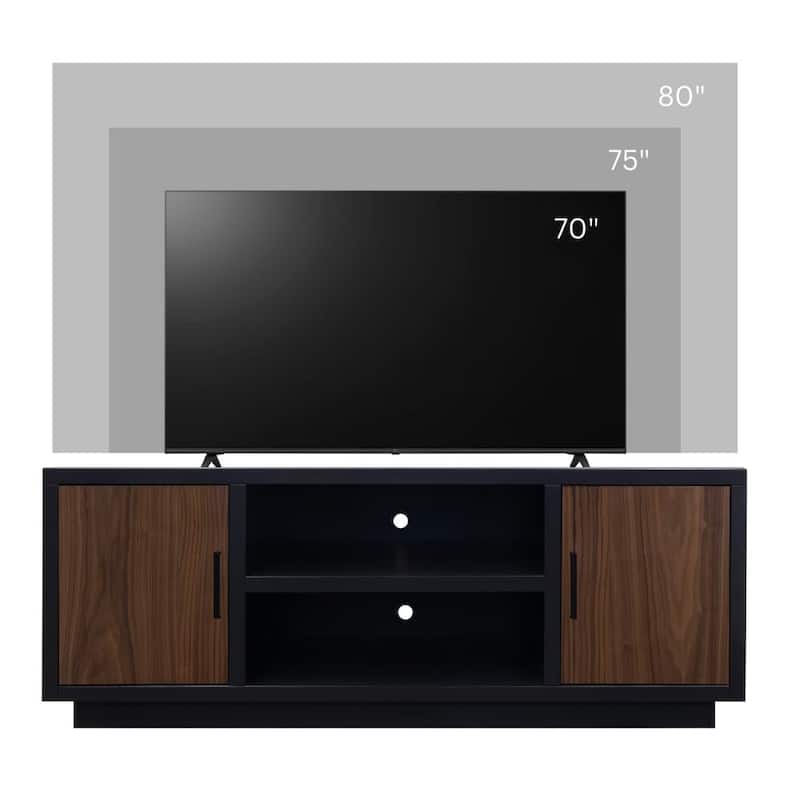 Aria 66 inch TV Stand for TVs up to 80 inches, No Assembly Required, Black and Walnut Finish