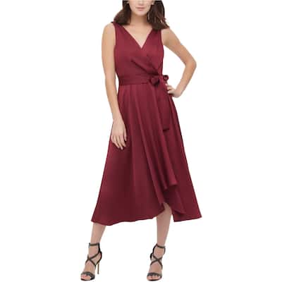 DKNY Womens Belted Midi Dress,, Red, 2