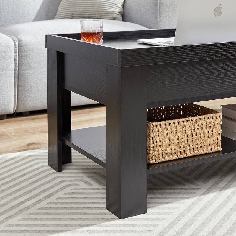 VECELO Lift Top Coffee Table with Hidden Storage and Open Shelves–Modern Center Table for Living Room and Small Spaces