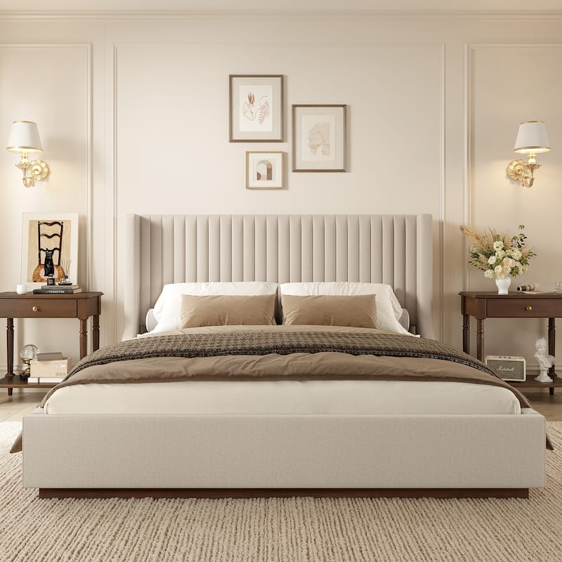 Wooden Upholstered Platform Bed with Padded Headboard-Queen/King Size